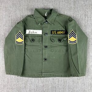 Vintage 60s US Military Sateen Shirt Kids Small John Patch Sergeant Green OG 107